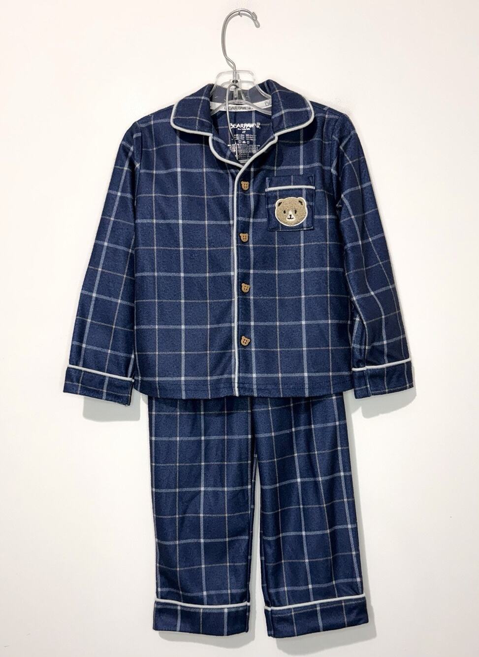 BearPaw Pajama Set Boys 4T Navy Plaid Long Sleeve Pockets Logo NWT
